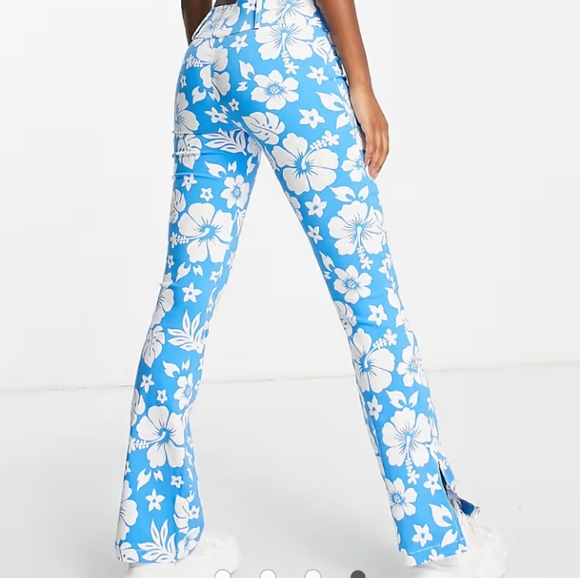 ASOS DESIGN HIPSTER BENGALINE FLARE PANTS IN BLUE HAWAIIAN FLORAL (US14) **NWOT* - Picture 2 of 4
